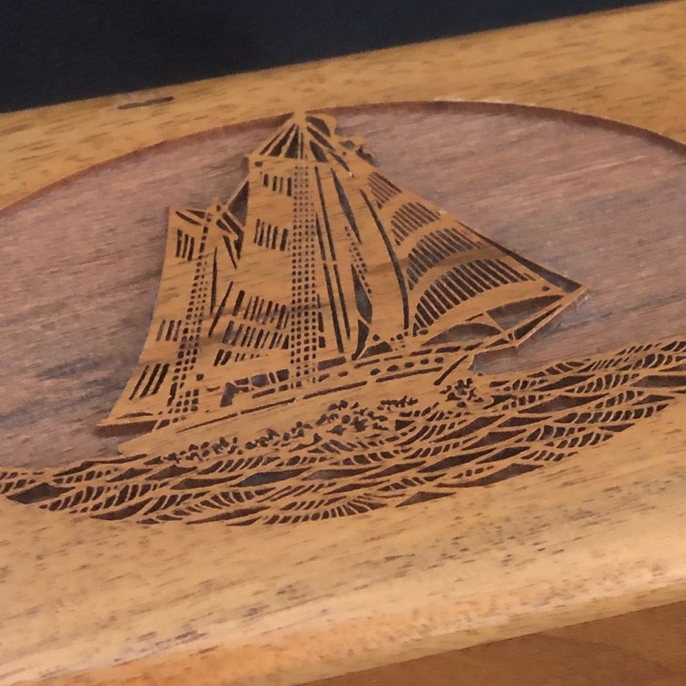 Vintage Lasercraft Walnut Oak Box Ship Sail Business Card Holder Trinket Box - Picture 3 of 11
